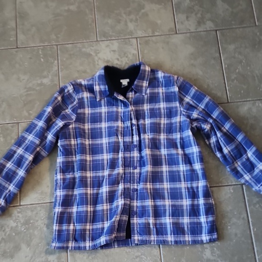 L.L.Bean Plaid Fleece Button-Up Shirt‎ Blue White Long Sleeve women's XL